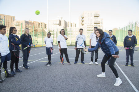 Annabel Croft joins coach Christine Dransfield and tennis with students from St Paul's Way Trust School