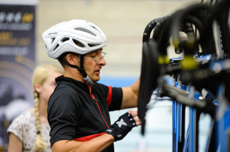 Cyclist getting his bike ready at Velodrome