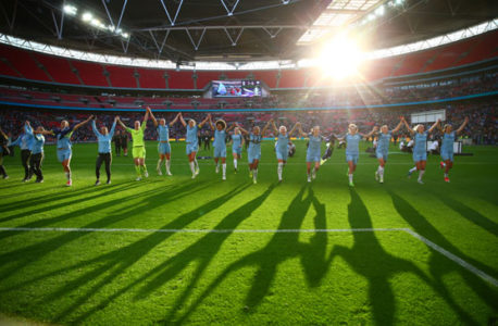 Manchester City players celebrating win in FA Cup final
