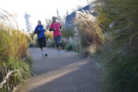 Two people running along a path surrounded by greenery